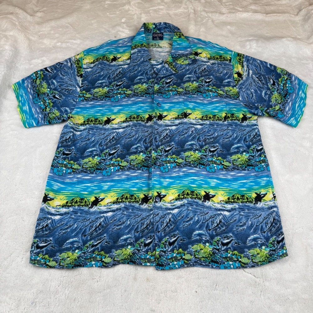 Startime Mens XL Orca Dolphin Marine Life All Over Print Short Sleeve Shirt Blue